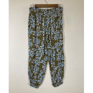 Earthy Floral Aerie Women Small Olive Blue Viscose Smocked Waist Jogger Pants